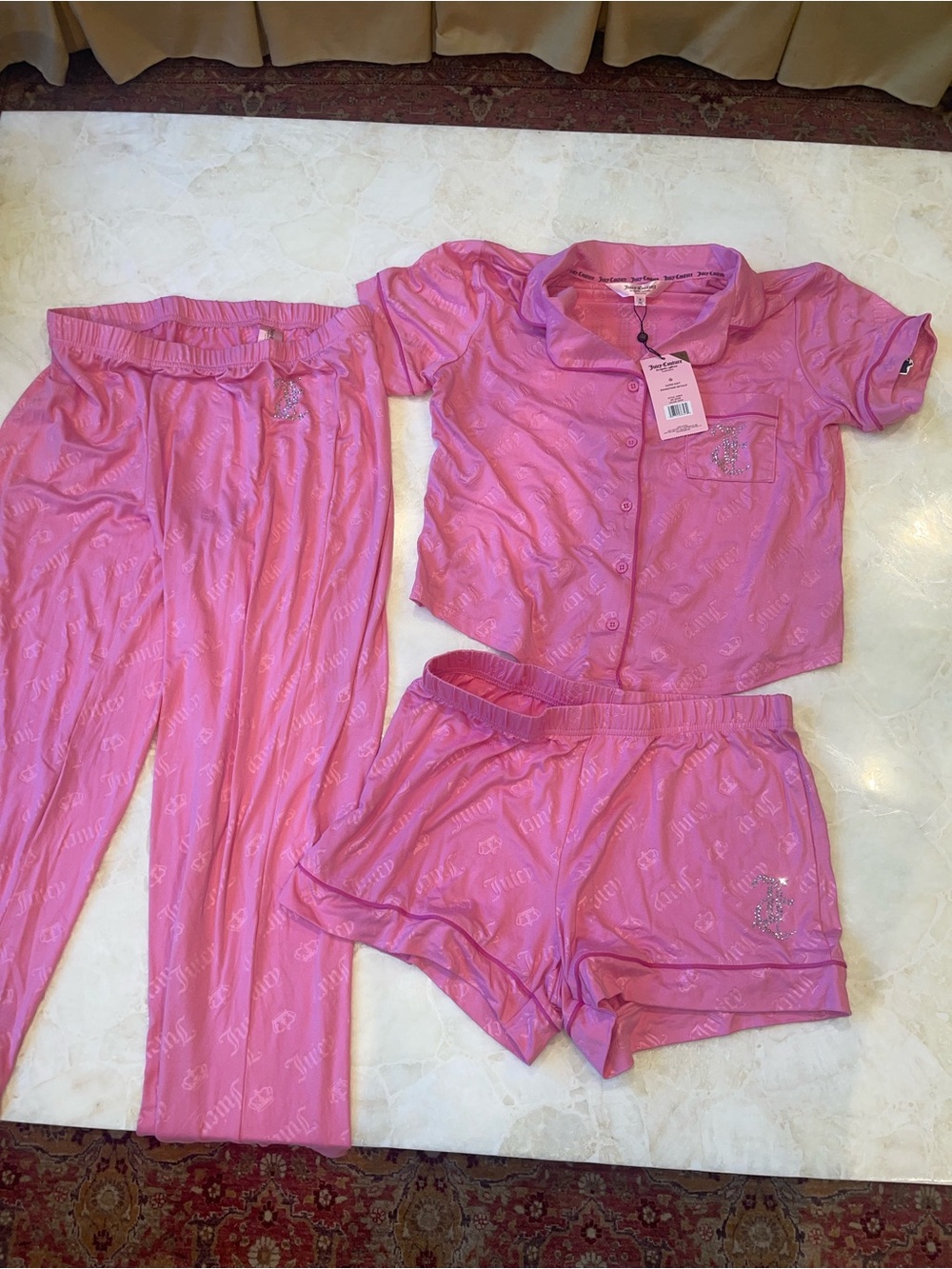 Juicy Couture Pink Satin Jacquard 3-Piece Pajama Set NWT 💕✨